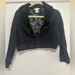 White House Black Market shoulder cardigan black XL with removable fur collar